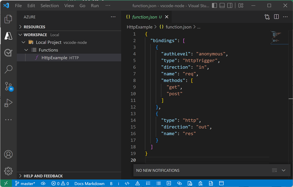 Capture d’écran du modèle de fonction déclenchée via H T T P dans Visual Studio Code.