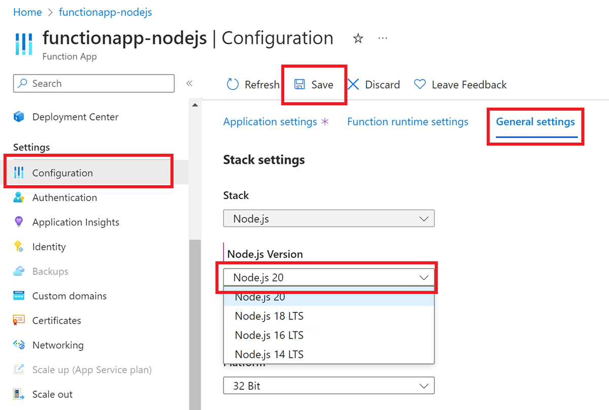 Capture d’écran montrant comment définir la version Node.js souhaitée pour une application de fonction dans le portail Azure.