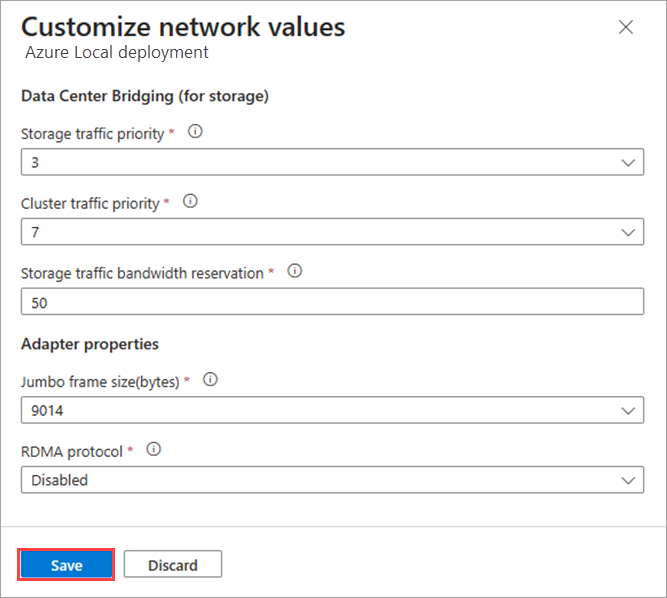 Capture d’écran de la personnalisation des paramètres réseau d’une intention réseau utilisée dans le déploiement via Portail Azure.