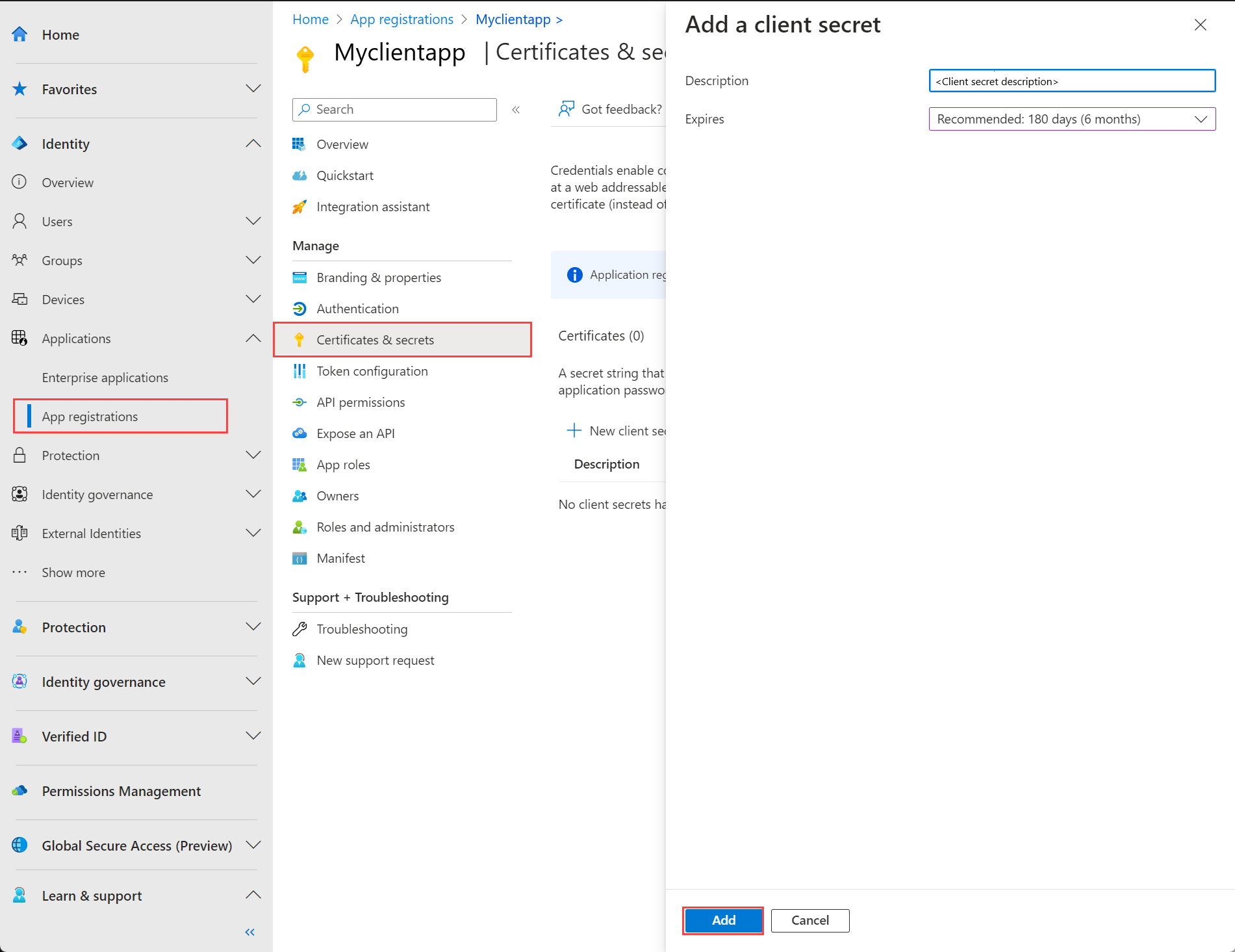 Capture d’écran montrant le panneau Ajouter un secret client.