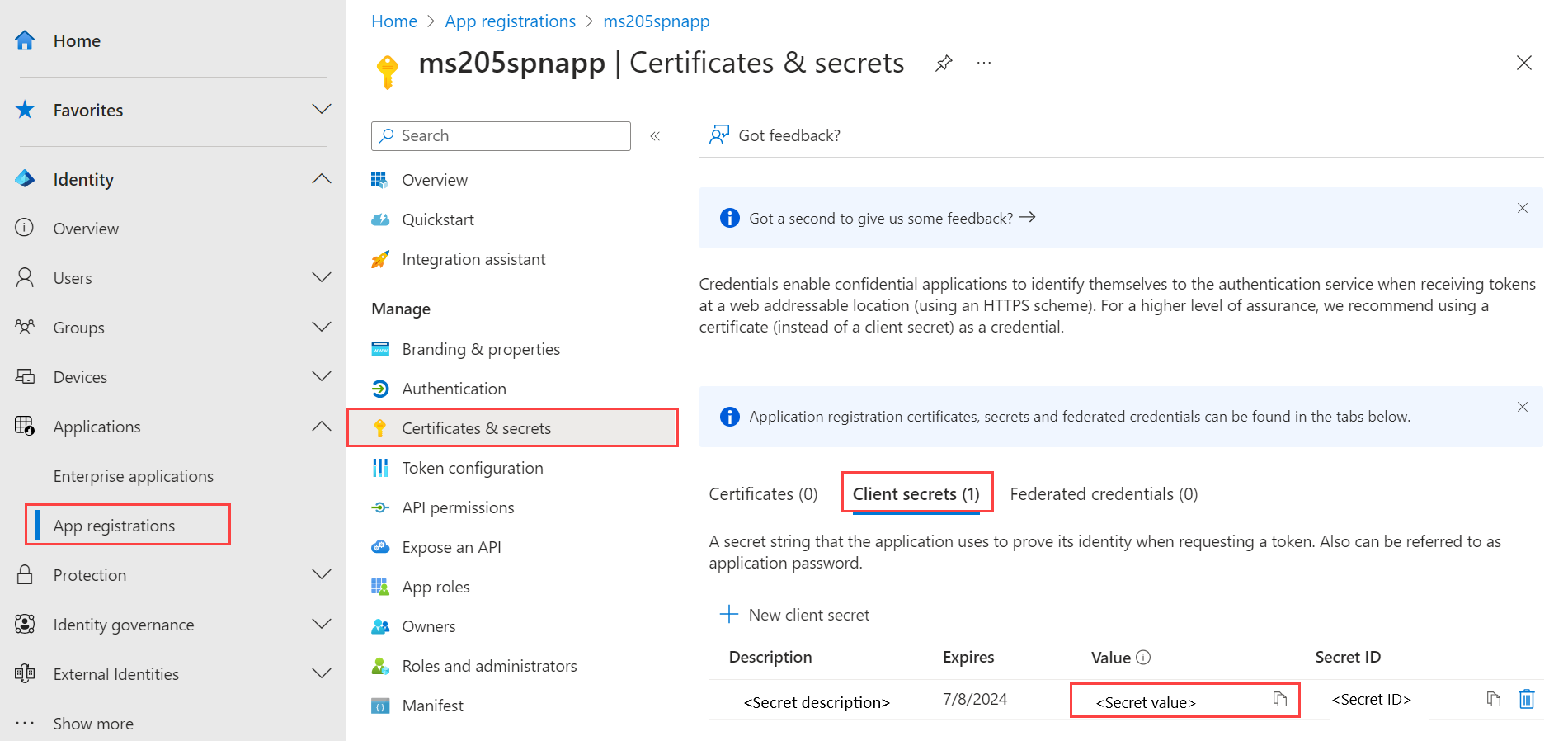 Capture d’écran montrant la valeur du secret client.