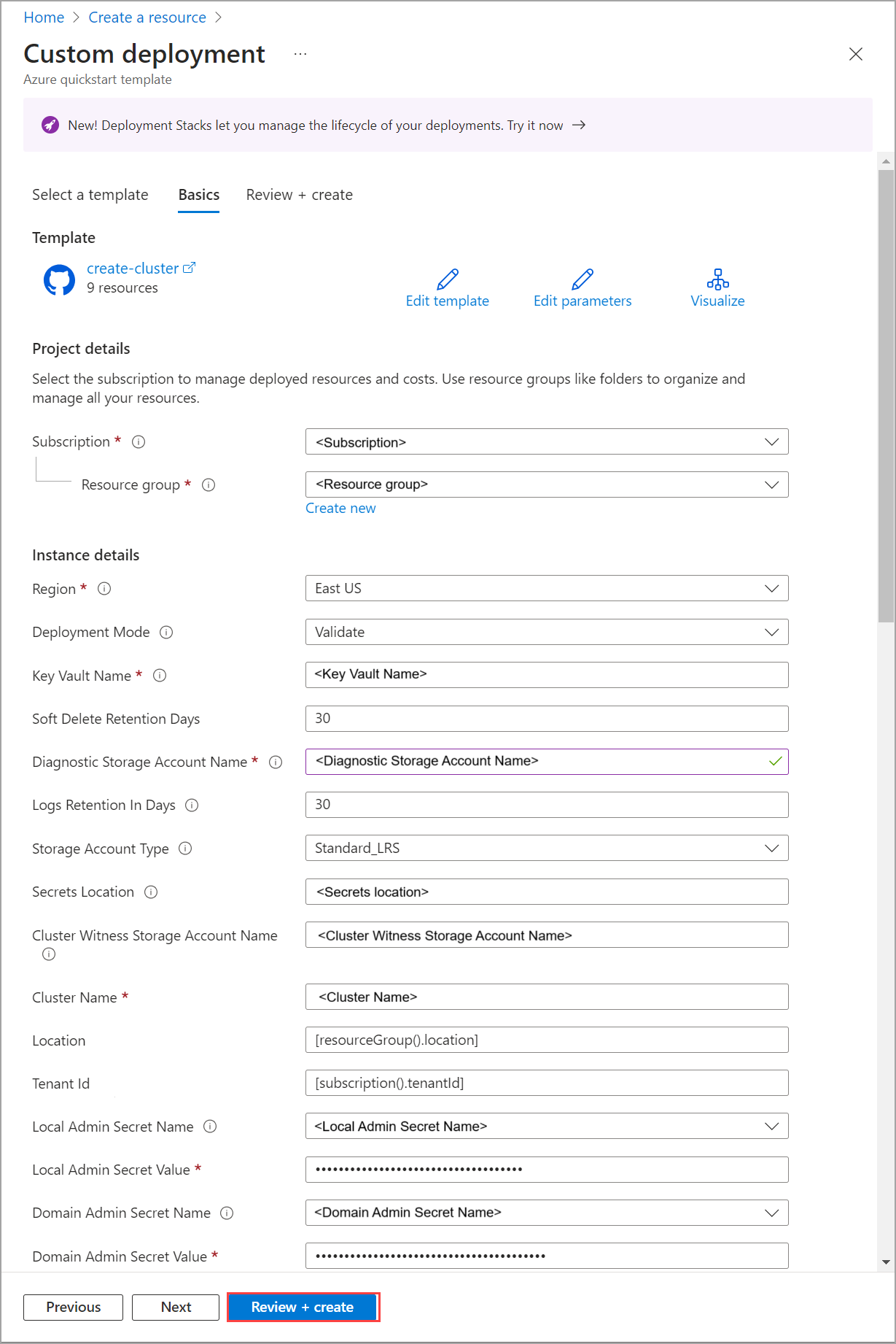 Capture d’écran montrant Vérifier + Créer sélectionné sous l’onglet Informations de base.