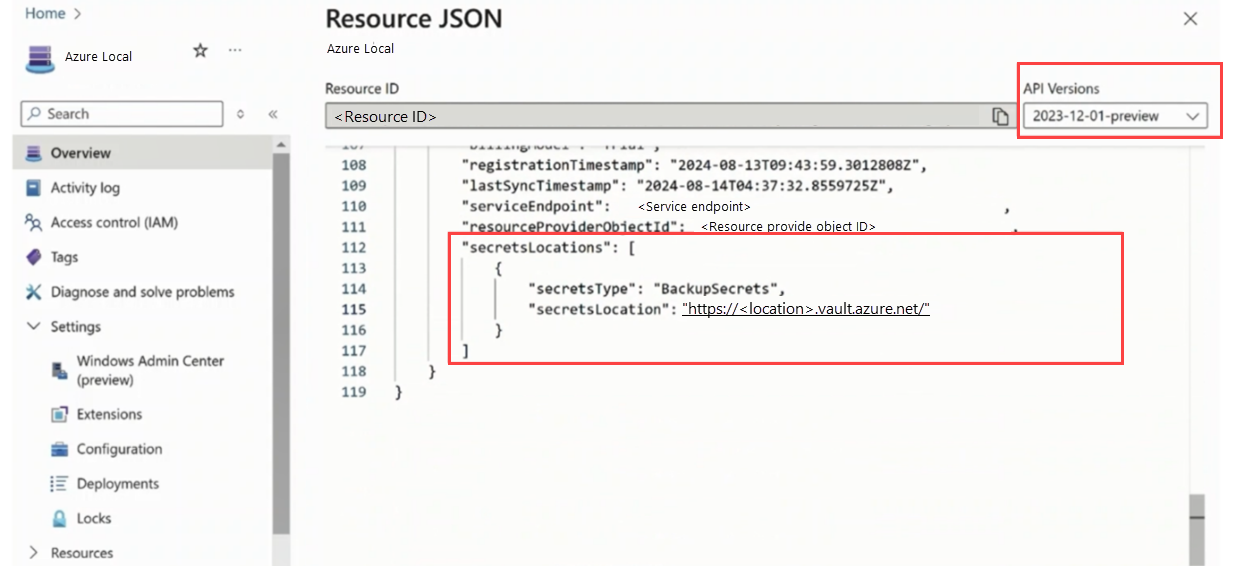 Capture d’écran du fichier JSON de ressource dans lequel vous pouvez mettre à jour le coffre de clés.