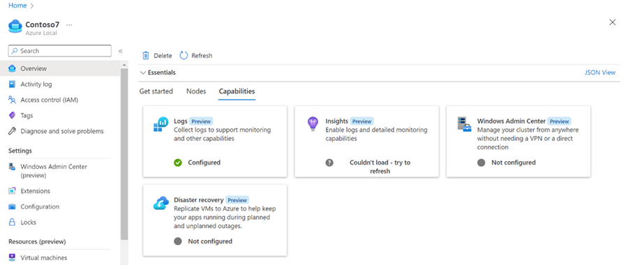Capture d’écran de l’onglet Fonctionnalités dans Portail Azure pour la ressource locale Azure.