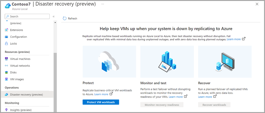 Capture d’écran de la protection des charges de travail de machine virtuelle dans Portail Azure pour la ressource locale Azure.