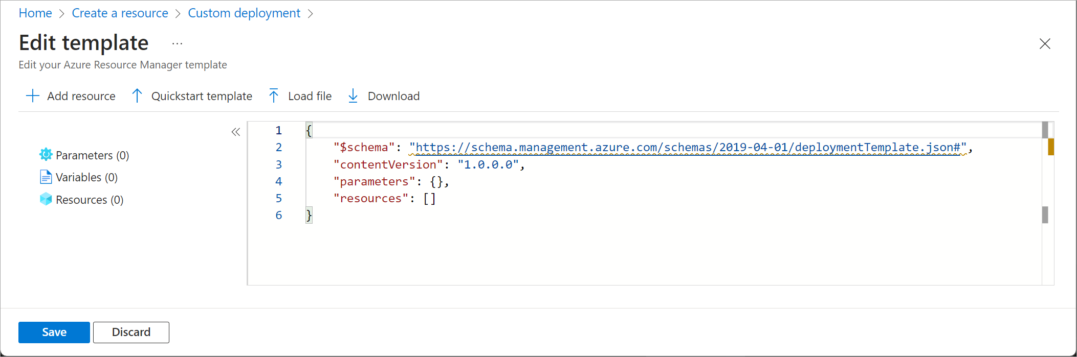 Capture d’écran du modèle Resource Manager vide dans Portail Azure.