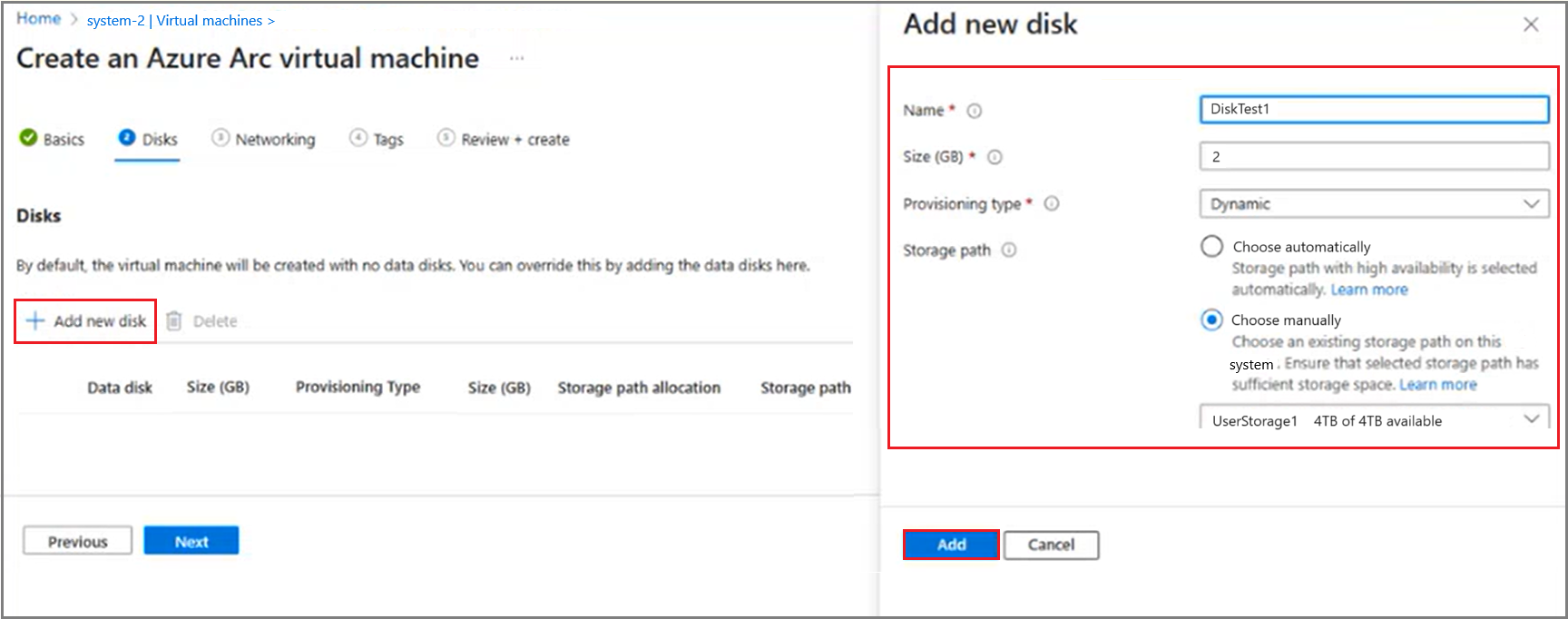Capture d’écran du nouveau disque ajouté lors de la création d’une machine virtuelle.