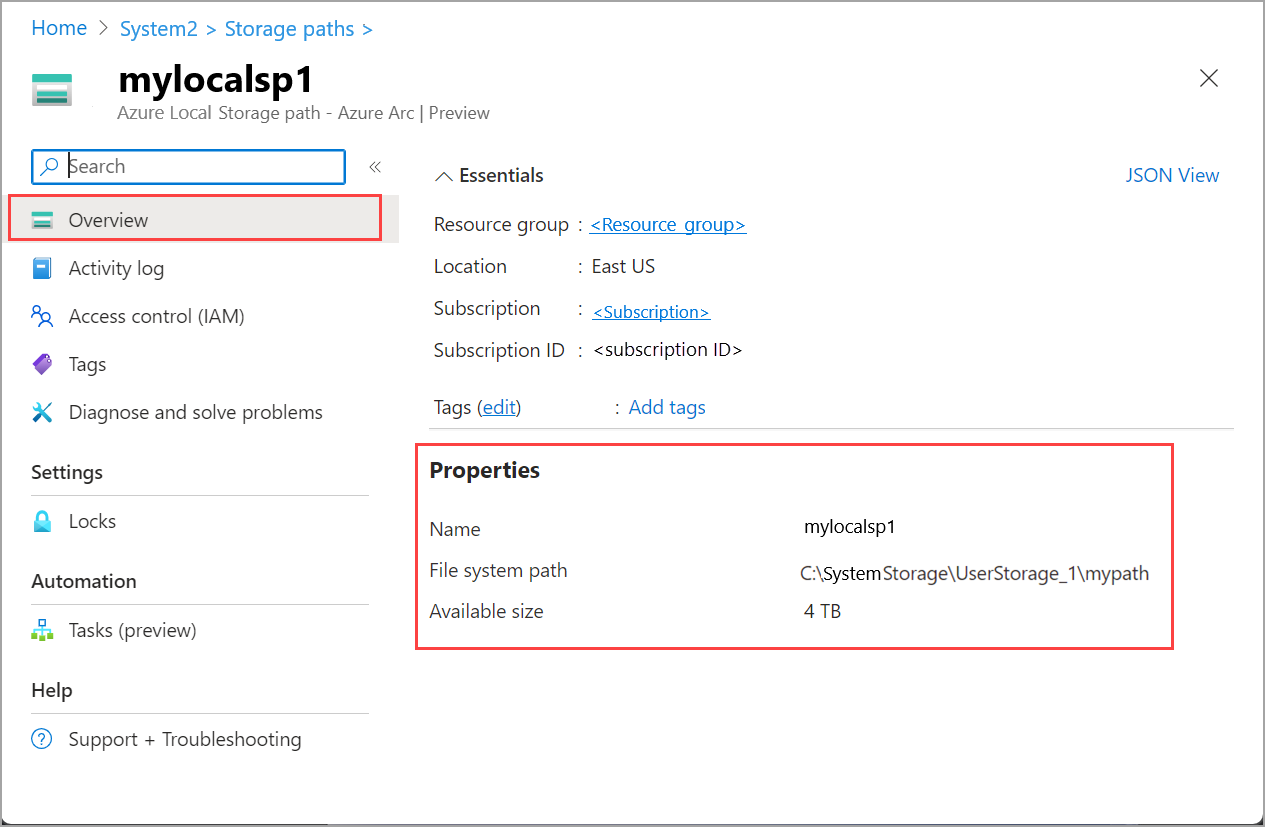 Capture d’écran des propriétés du chemin d’accès de stockage.