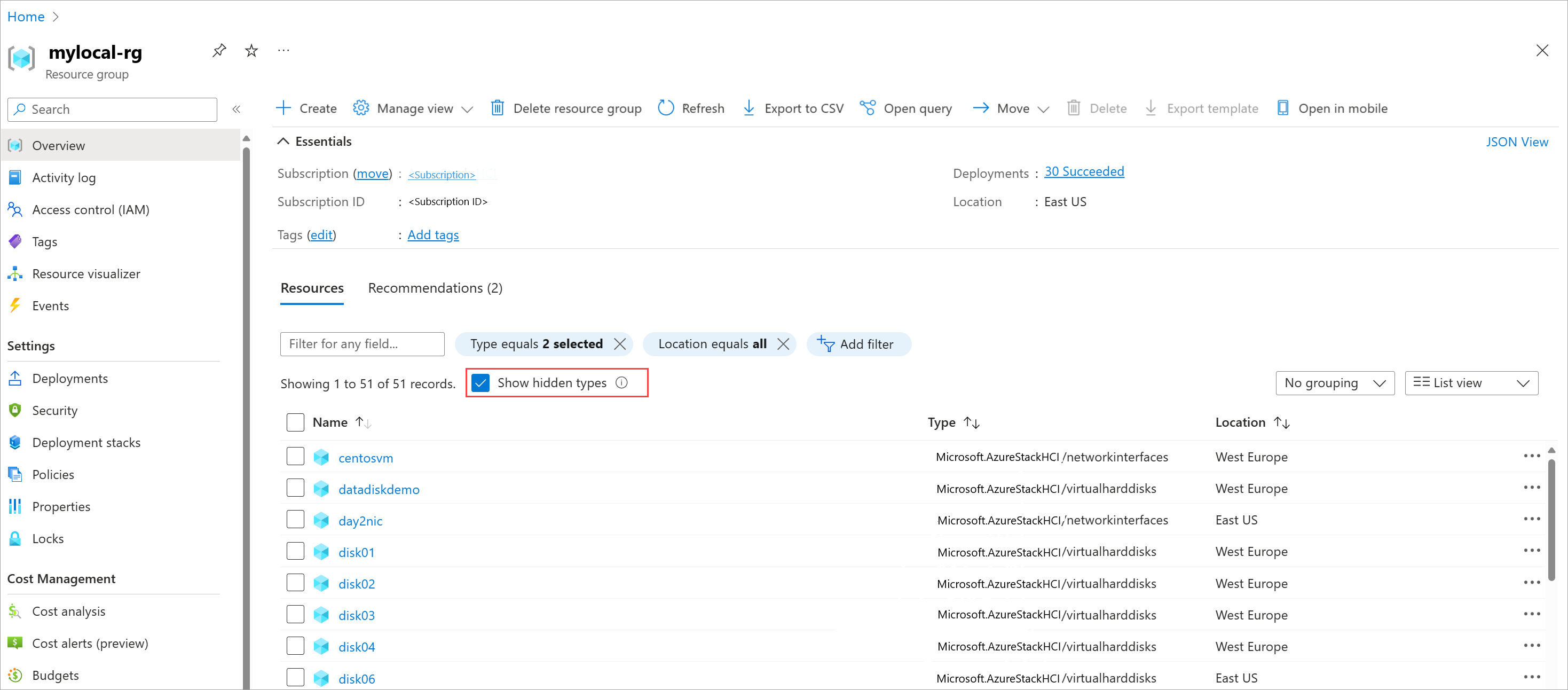 Capture d’écran montrant les types de ressources masqués associés à une machine virtuelle.