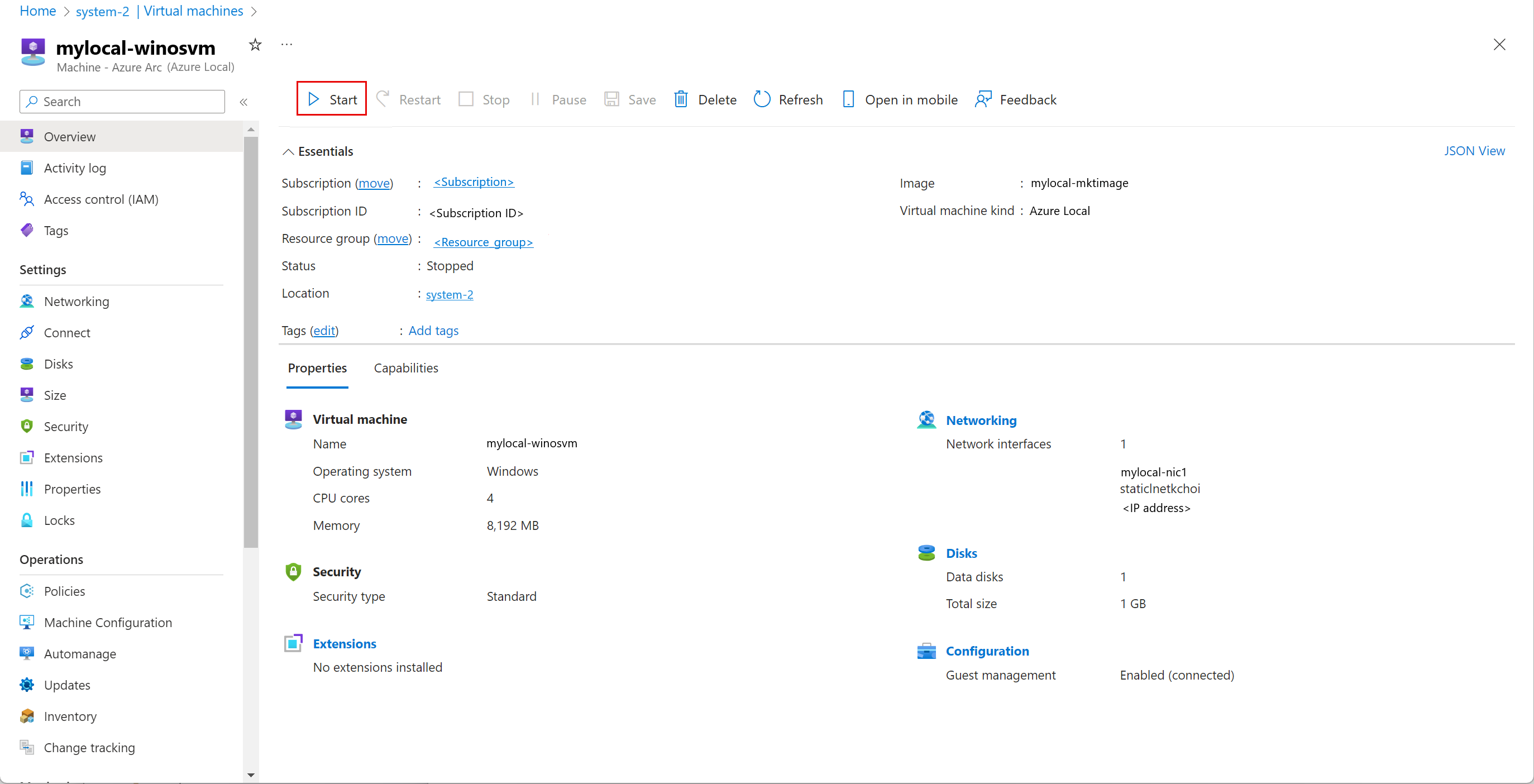 Capture d’écran montrant le bouton pour démarrer une machine virtuelle dans la page Vue d'ensemble.