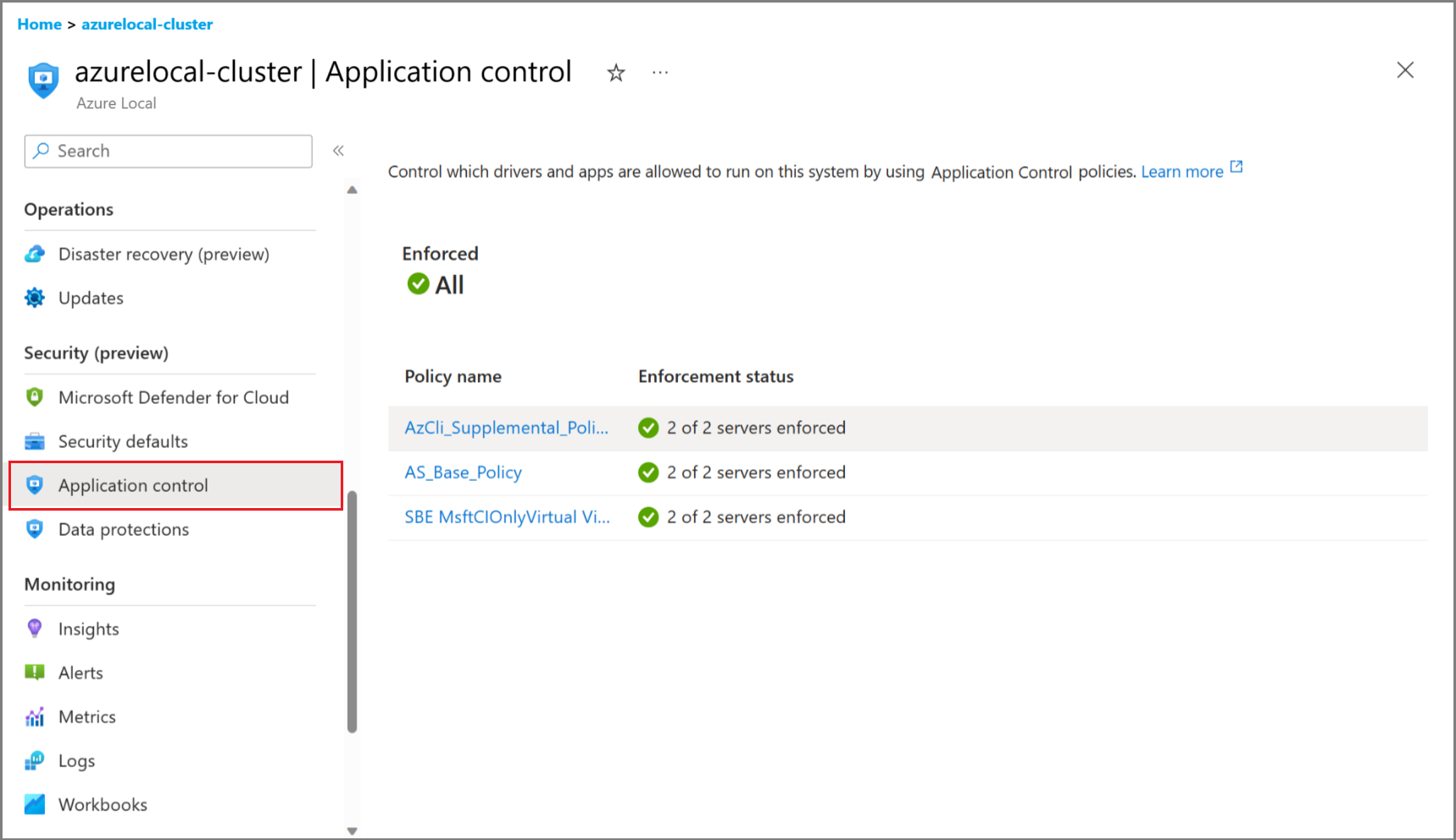 Capture d’écran montrant la page Application Control dans le portail Azure.