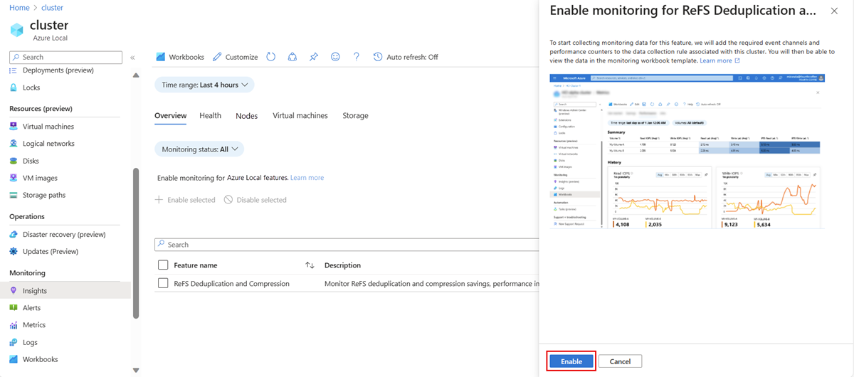 Capture d’écran montrant le bouton Activer pour activer la surveillance de la fonctionnalité de déduplication et de compression ReFS.