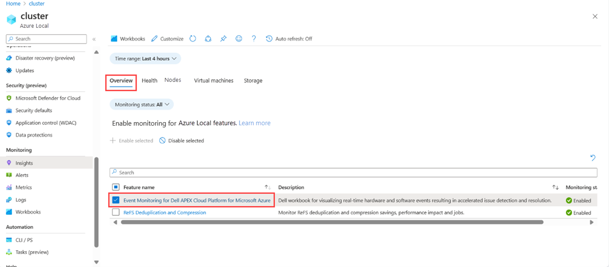 Capture d’écran de l’onglet Vue d’ensemble répertoriant le classeur Dell.