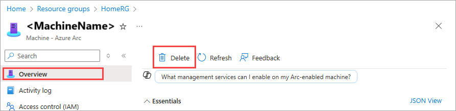 Capture d’écran de la suppression d’un nœud de machine Azure Arc défectueux.