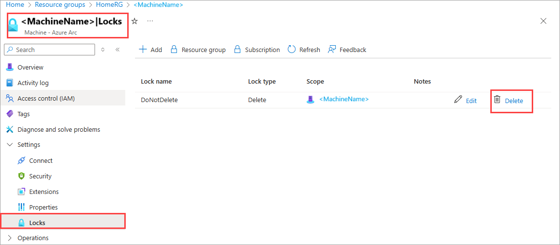 Capture d’écran de la suppression du verrou de ressource sur le nœud de machine Azure Arc défectueux.