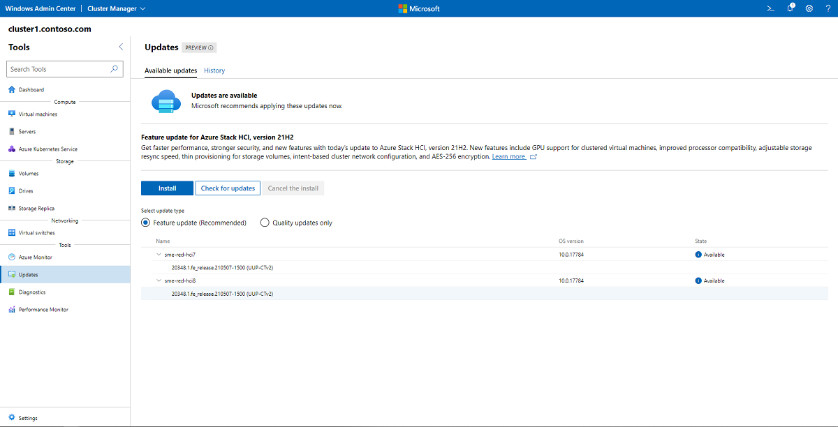 capture d’écran de la page Mises à jour dans Windows Admin Center.
