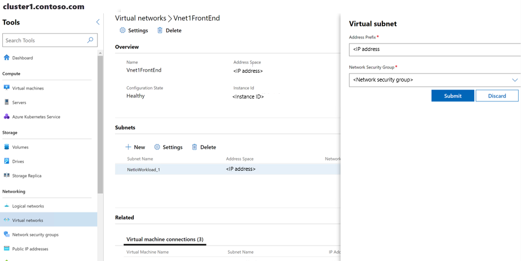 Capture d’écran de Windows Admin Center montrant le volet de sous-réseaux virtuels.