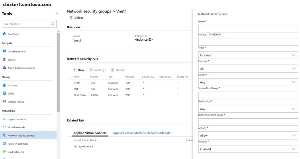 Capture d’écran de Windows Admin Center montrant le volet Règles de sécurité réseau.