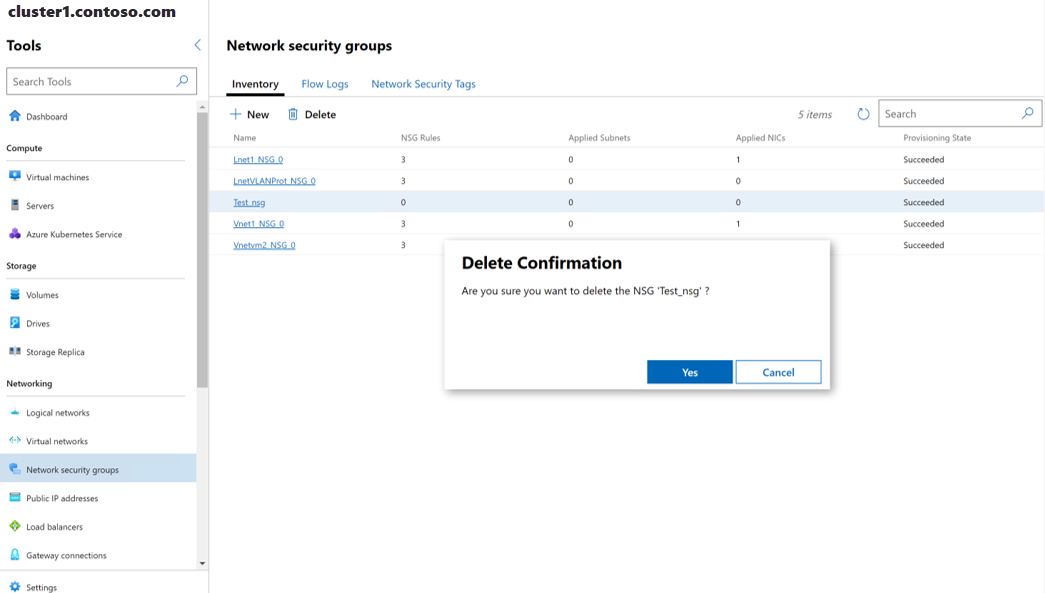 Capture d’écran de Windows Admin Center montrant l’invite de confirmation Supprimer pour supprimer un groupe de sécurité réseau.