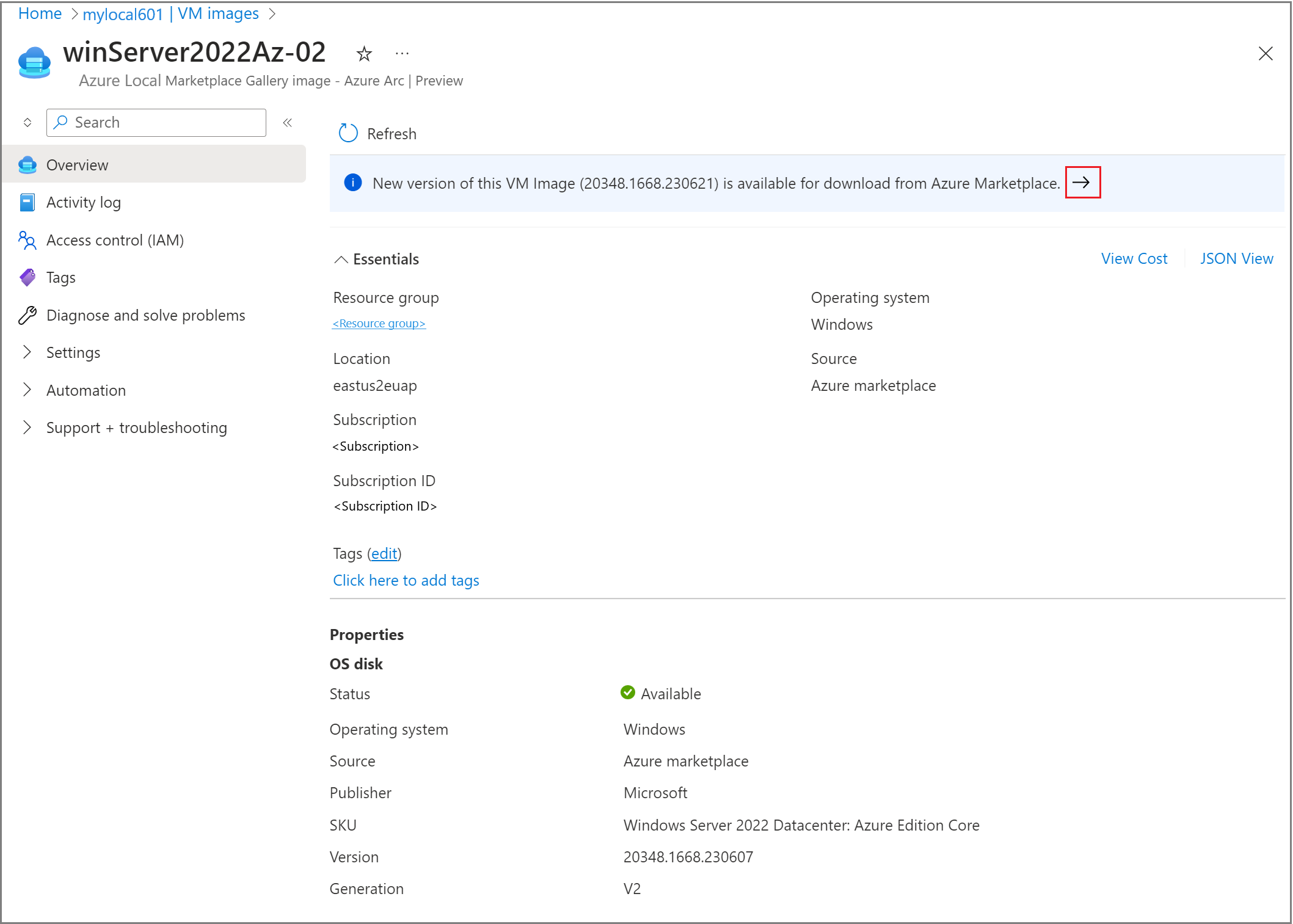 Capture d’écran montrant une nouvelle image de machine virtuelle disponible pour le téléchargement dans les détails de l’image de machine virtuelle.