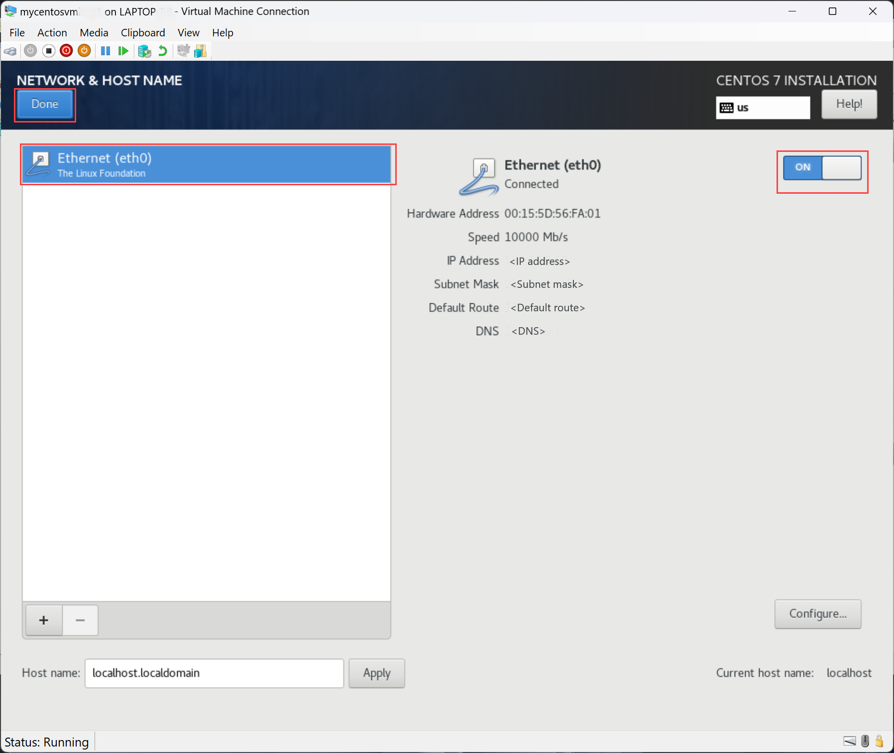 Capture d’écran montrant l’activation de l’interface réseau pendant l’installation de CentOS.