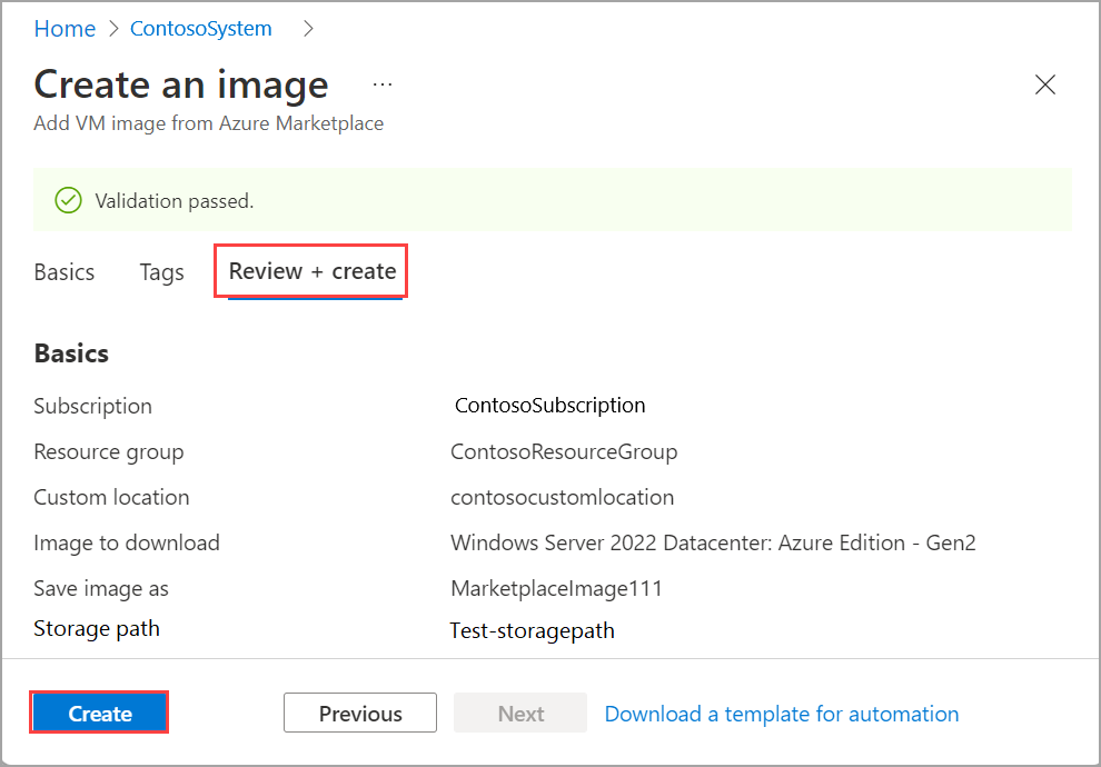Capture d’écran de la page Créer une image mettant en évidence le bouton Créer.