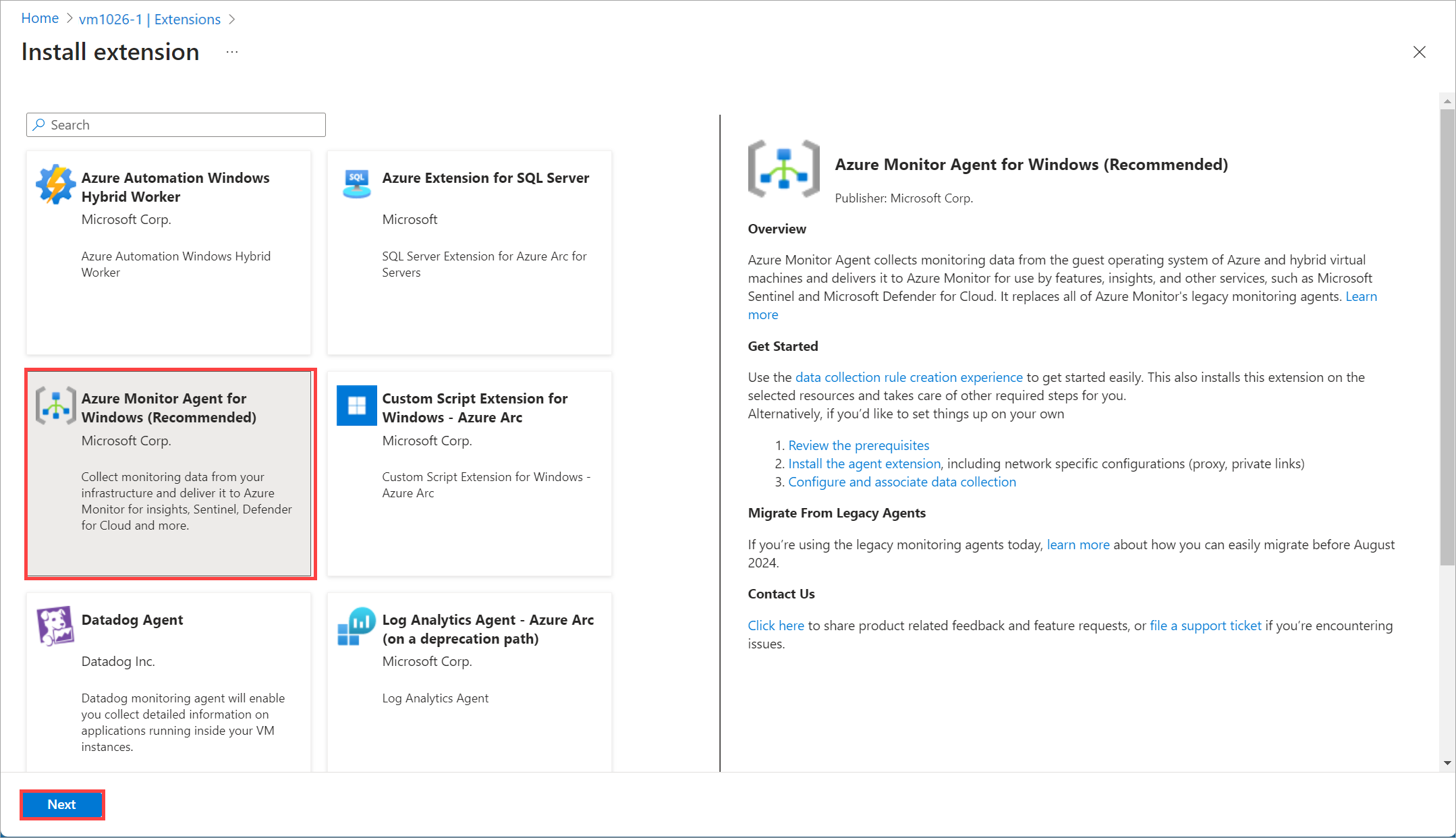 Capture d’écran montrant l’extension Azure Monitor sélectionnée dans la machine virtuelle Arc choisie.