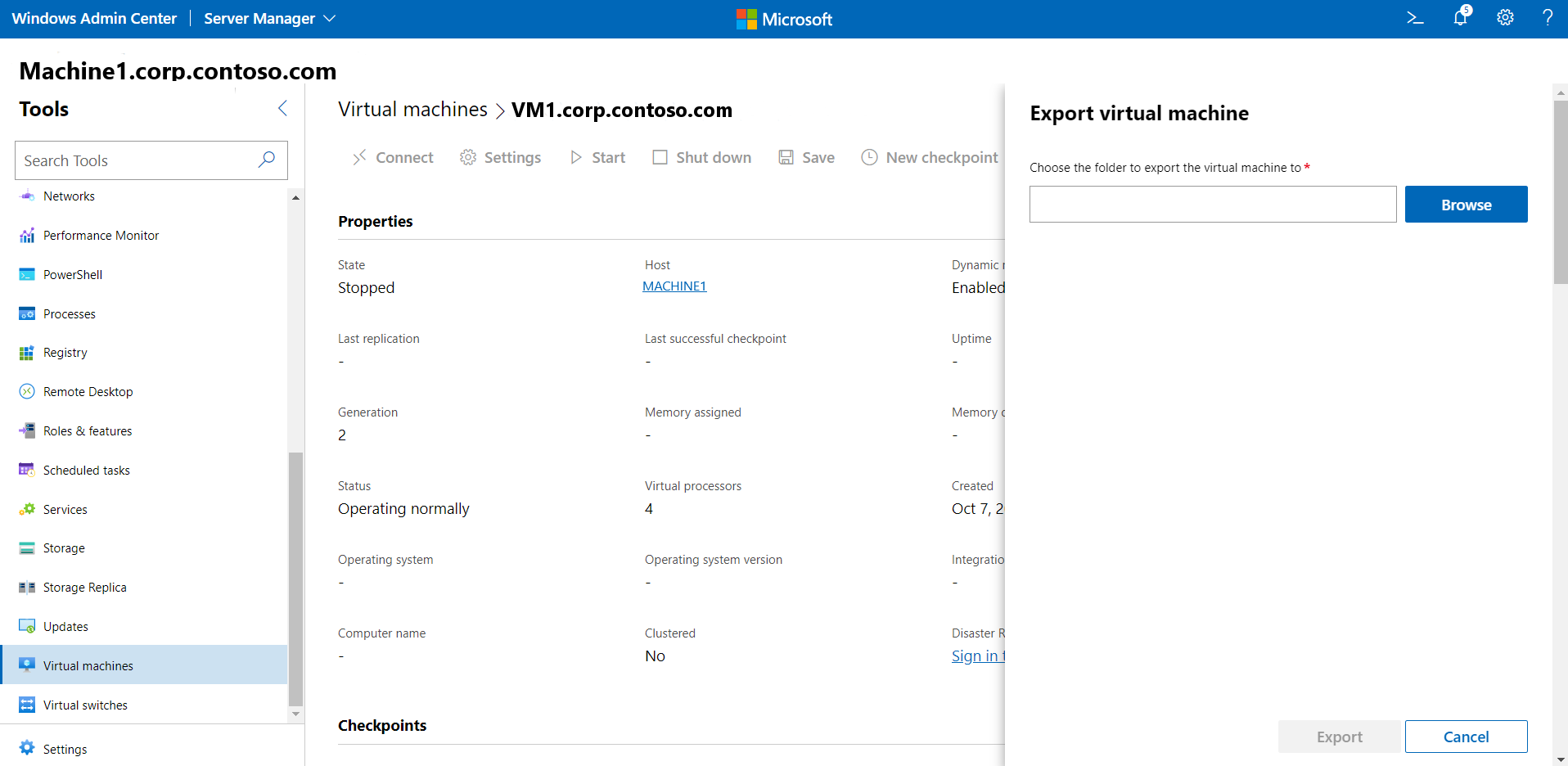 Écran Exporter une machine virtuelle