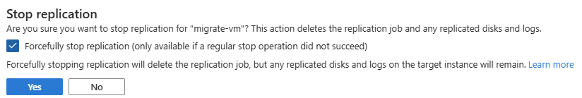 Capture d'écran de l'option 'Forcer l'arrêt de la réplication' pour les réplications Azure Migrate vers Azure local.