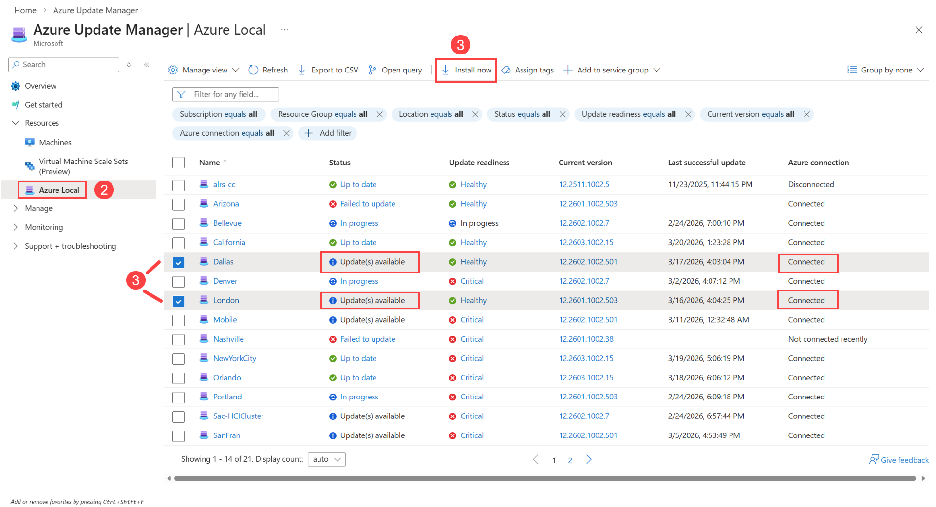 Capture d’écran de l’installation des mises à jour système dans Azure Update Manager.