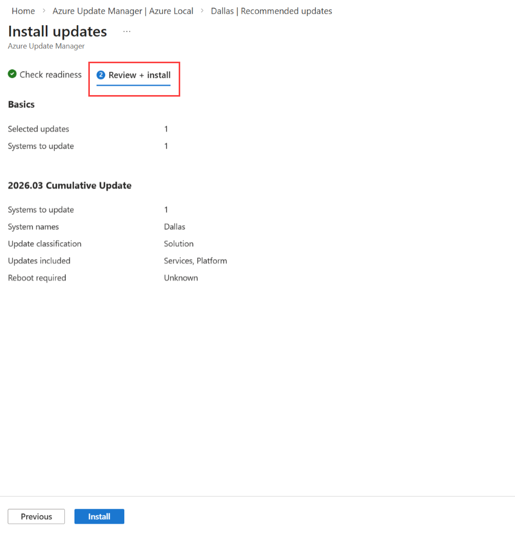 Capture d’écran pour passer en revue et installer les mises à jour système dans Azure Update Manager.