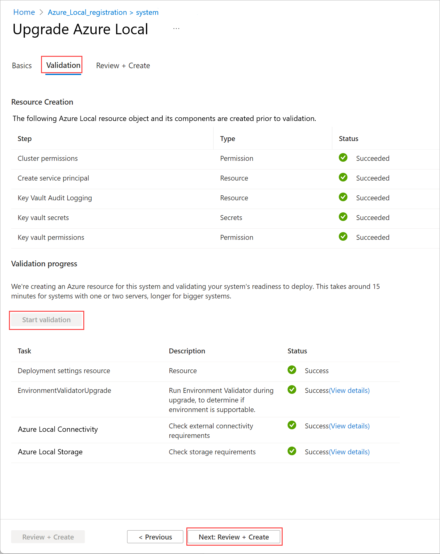 Capture d’écran de l’onglet Mettre à niveau la validation locale Azure.