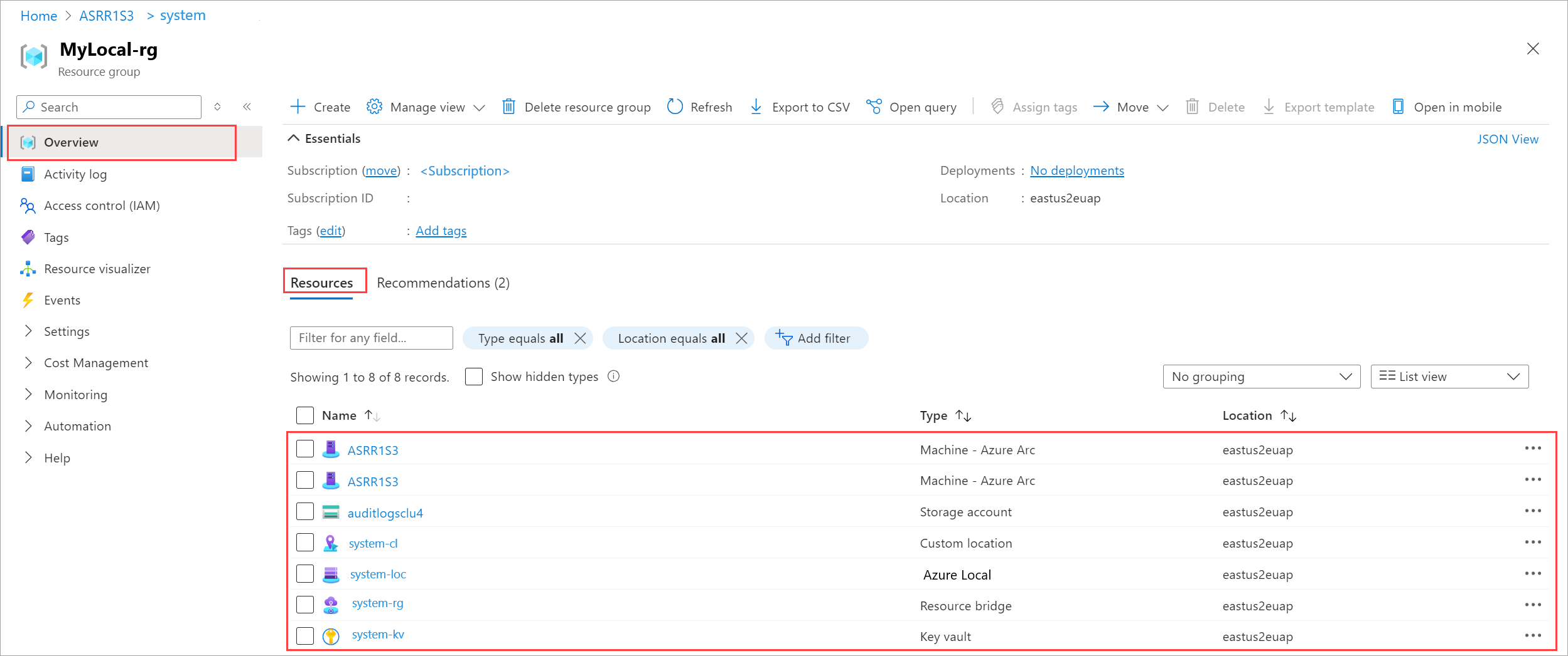 Capture d’écran de la mise à niveau de l’intégrité des ressources locales Azure.