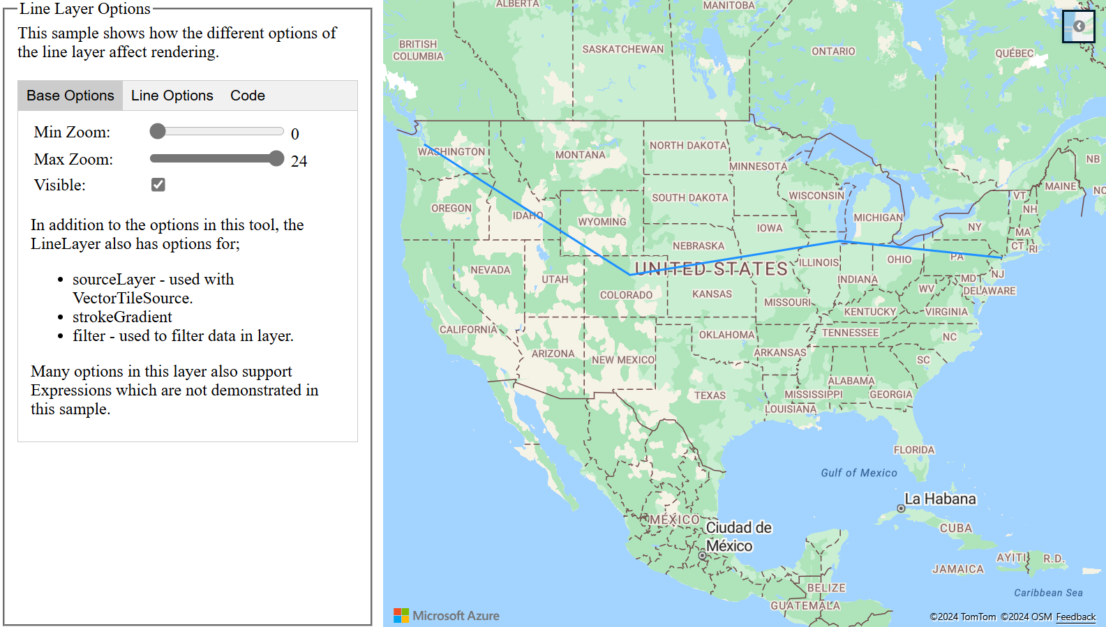 Une capture d’écran montrant l’échantillon d’options de couche de lignes qui montre comment les différentes options de la couche de ligne influencent le rendu.