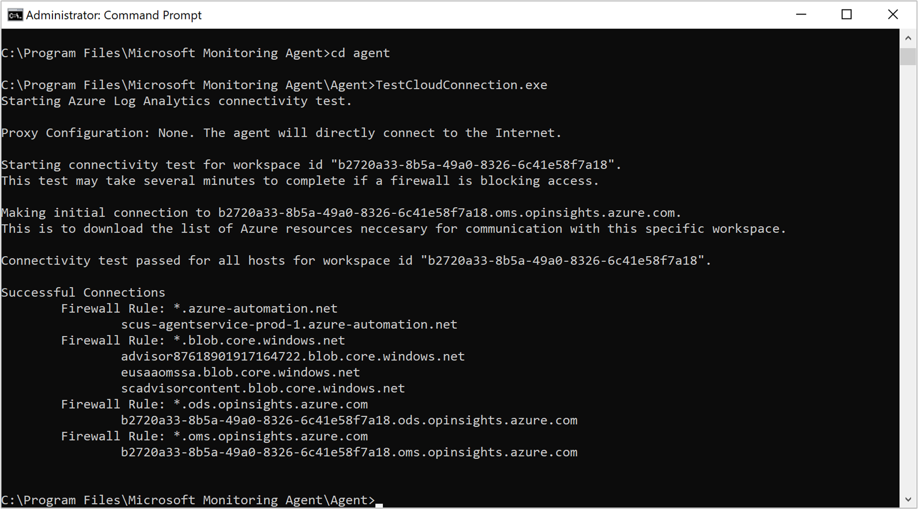 Capture d’écran montrant les résultats d’exécution de l’outil TestCloudConnection.