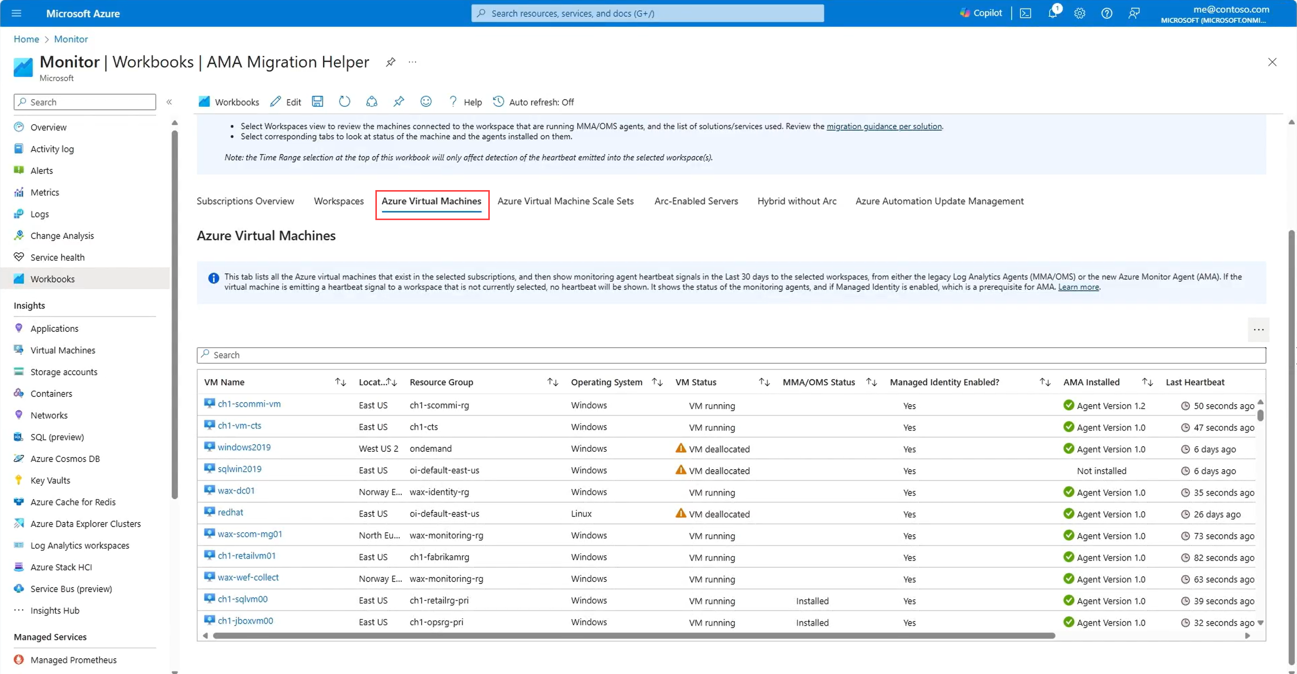 Capture d’écran montrant l’onglet d’état de migration des machines virtuelles Azure.
