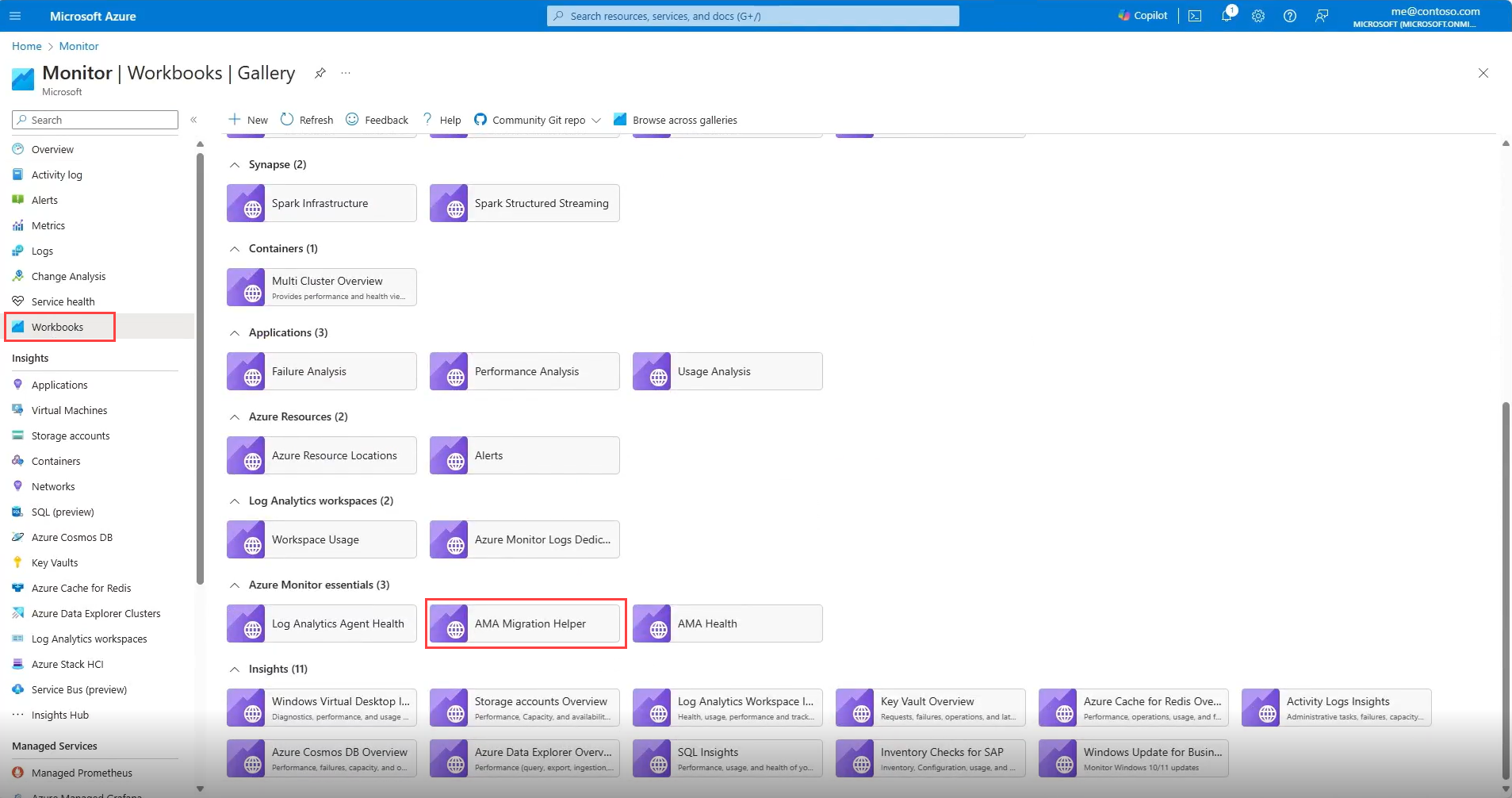 Capture d’écran montrant la vignette de l’assistant pour la migration AMA dans la liste des classeurs.