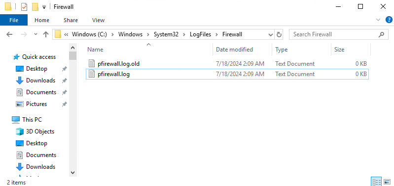 Capture d’écran montrant les journaux de pare-feu sur un disque local.