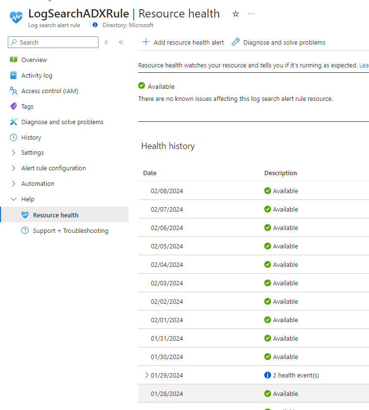 Screenshot of the Resource health page for a log search alert rule.