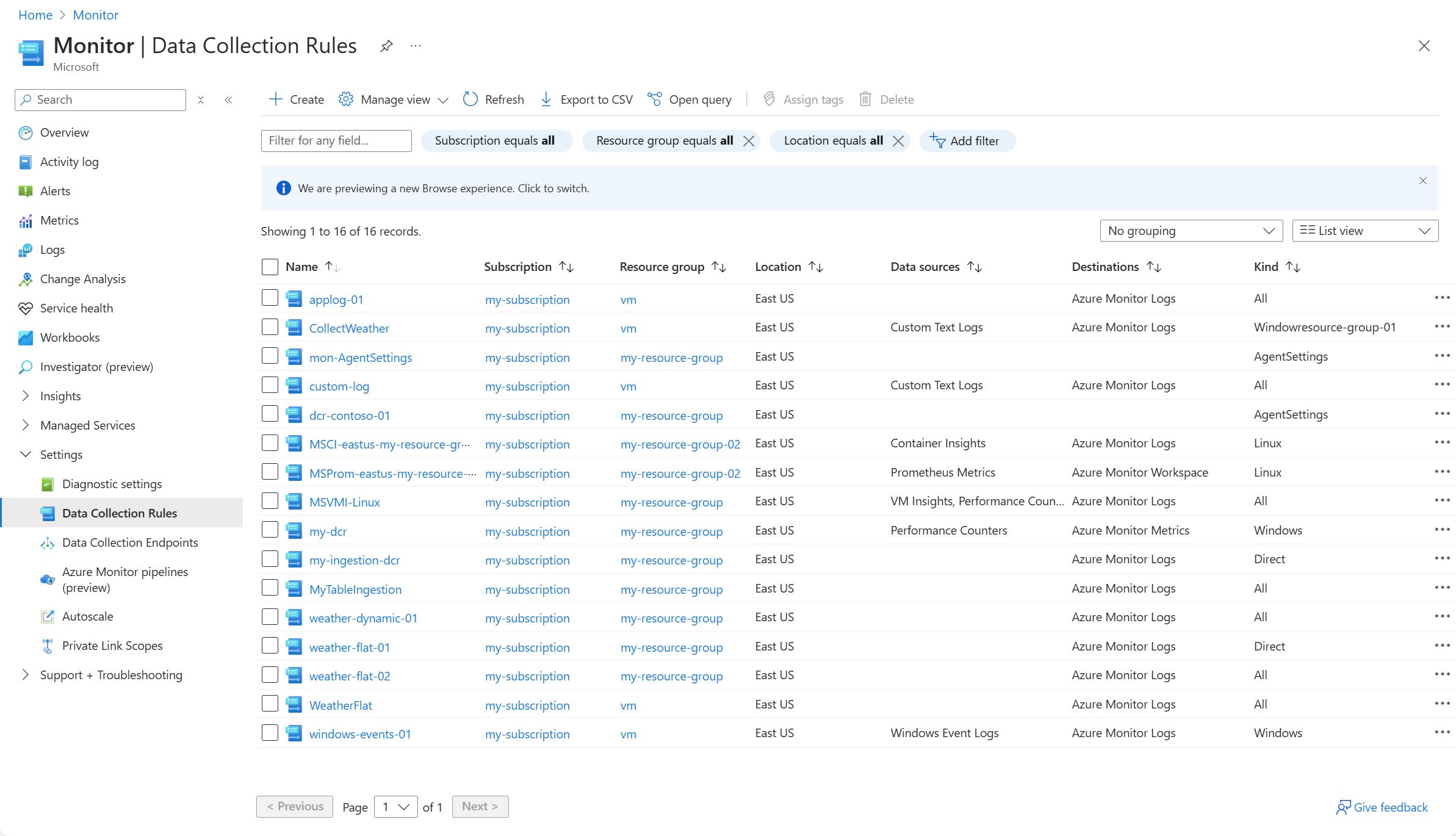 Capture d’écran montrant des règles de collecte de données dans le portail Azure.