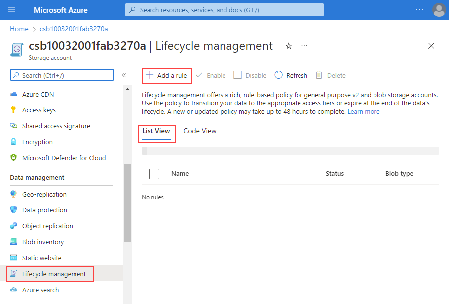 Capture d’écran présentant l’écran de la gestion de cycle de vie pour un compte de stockage.