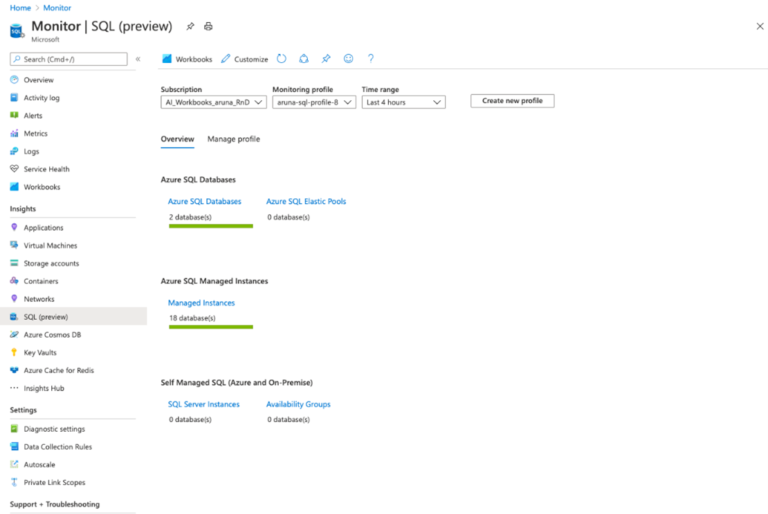 Capture d’écran montrant SQL Insights dans le portail Azure.