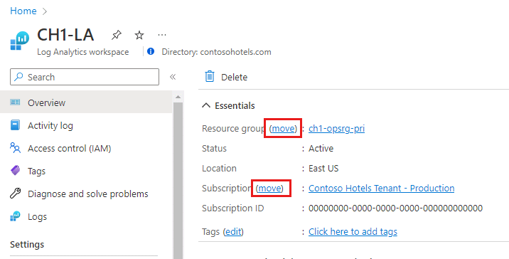 Capture d’écran montrant le volet Vue d’ensemble dans l’espace de travail Log Analytics avec les options pour modifier le groupe de ressources et le nom de l’abonnement.