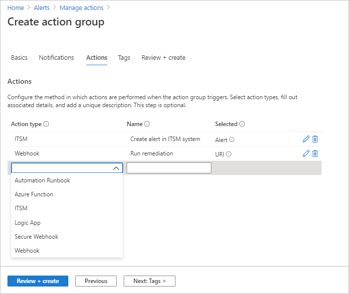 Capture d’écran montrant l’onglet Actions dans la boîte de dialogue Créer un groupe d’actions. Plusieurs options sont visibles dans la liste Type d’action.