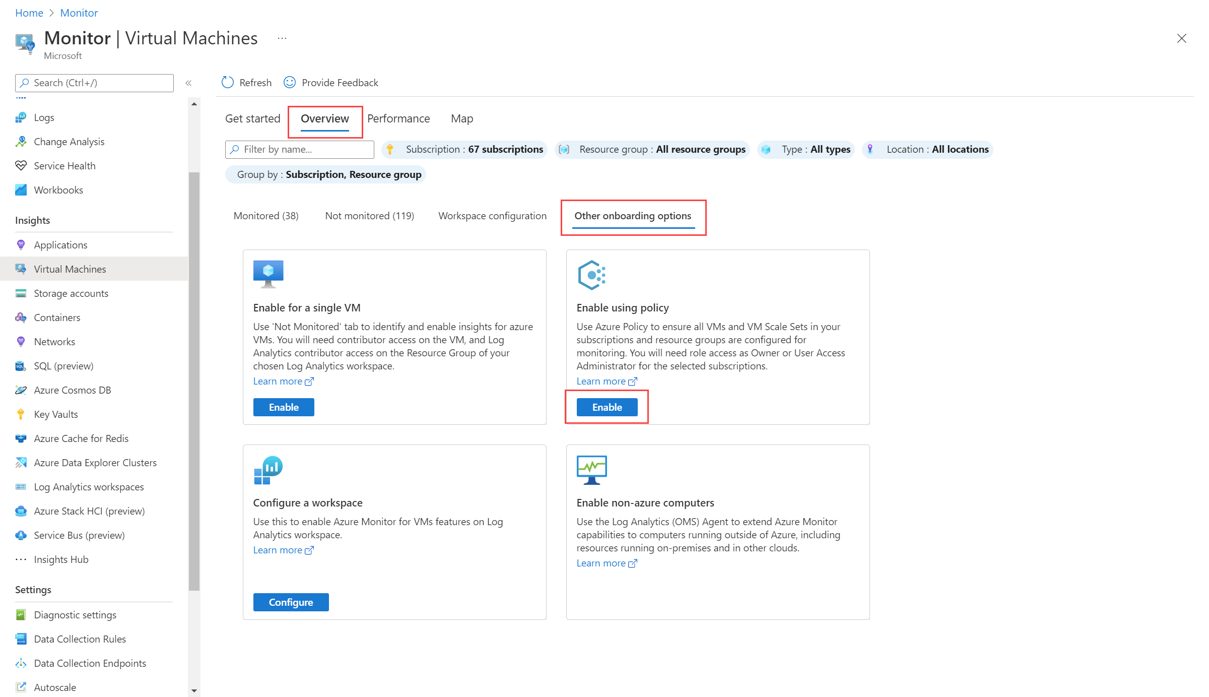 Capture d’écran montrant la page des autres options d’intégration de VM Insights avec l’option Activer à l’aide de la stratégie.