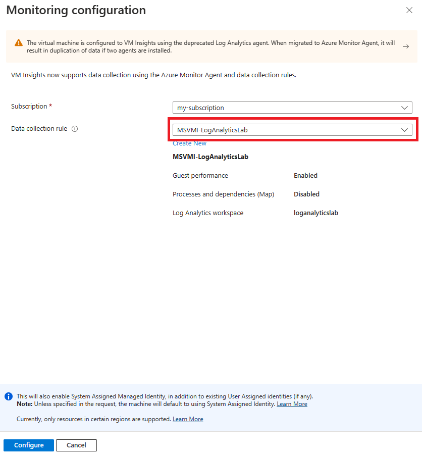 Screenshot of VM Insights Monitoring Configuration Page.