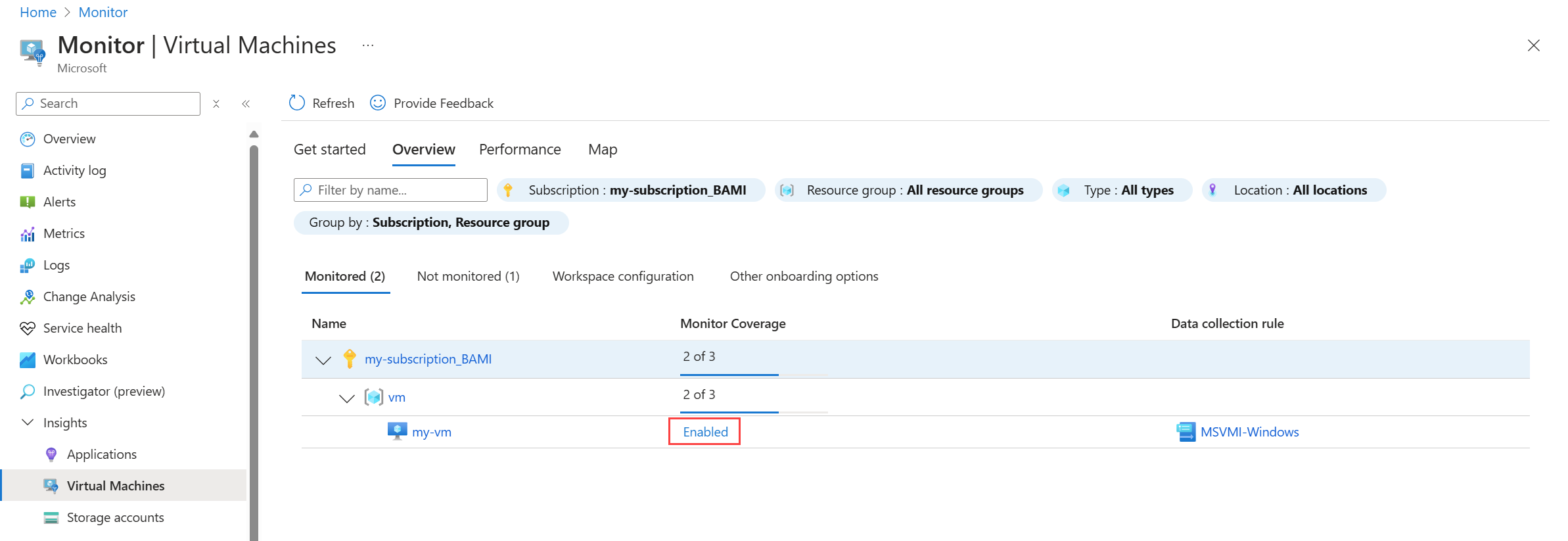 Capture d’écran montrant la liste des machines virtuelles surveillées par Insights sur machine virtuelle avec l’option Activé.