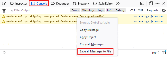 Capture d’écran de la commande Enregistrer tous les messages dans un fichier sous l’onglet Console.
