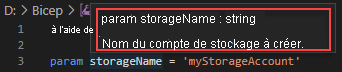 Capture d’écran du type et de la description de la donnée paramètre.