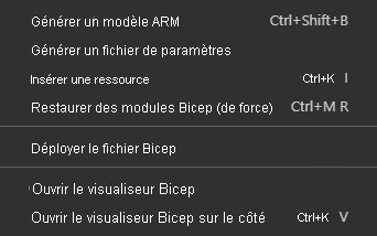 Capture d’écran des commandes Bicep de Visual Studio Code dans le menu contextuel pour les fichiers Bicep.